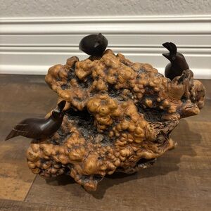 Vintage Carved Wood Bird Perched on Burl Wood Sculpture Mid-Century Modern Style